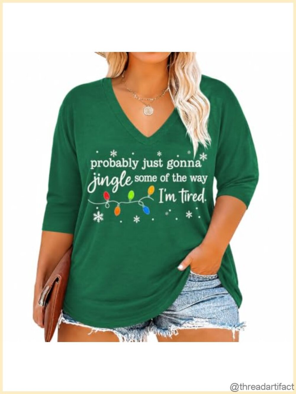 Women's Plus Size Christmas T-Shirt 3/4 Sleeve V-Neck Holiday Tee